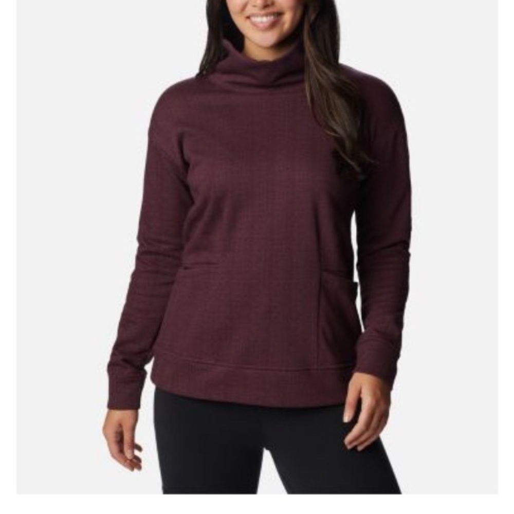 Columbia Womens Burgundy Herringbone Mock Neck Sweatshirt Pullover Pocket XL‎